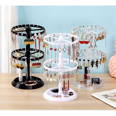2 Tier Round Rotating Necklace Earring Jewelry Display Stand Rack