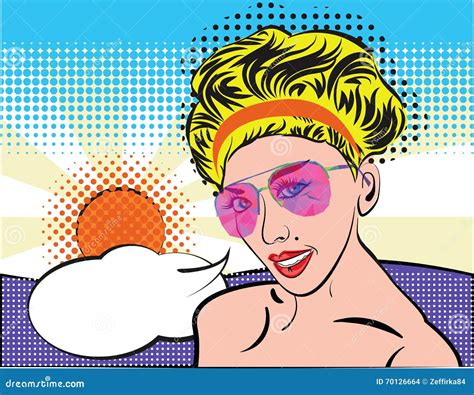 pop art woman with sunglasses on the summer beach comic style blond vintage girl face with