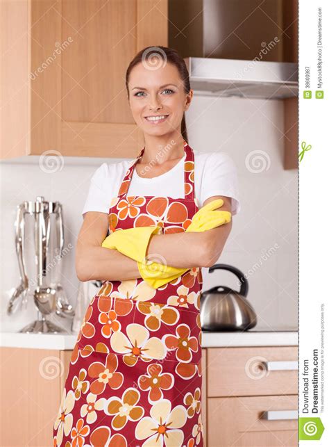 belle jeune femme au foyer nettoyant la cuisine image stock image du propre concentré 38600987