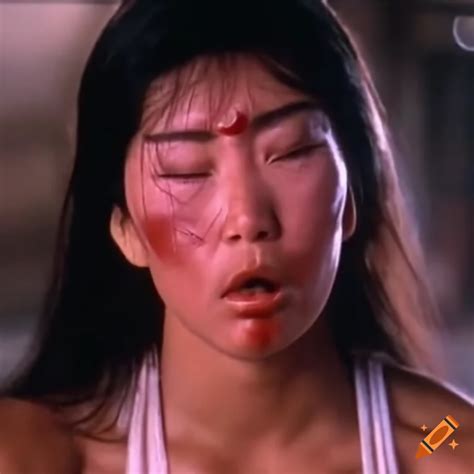 Action Movie Scene Bruised Asian American Woman Martial Arts Fighter With Dizzy Expression On