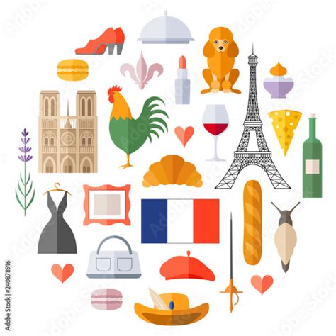 Traditional French Symbol In Flat Style Set Of Vector Icons On France