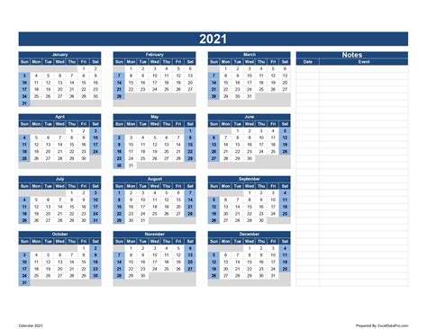 Download 2021 Yearly Calendar Sun Start Excel Template 2 Calendar