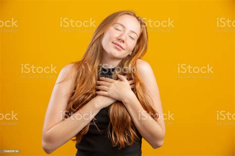 Happy Valentines Day Love Cute And Tender Romantic Redhead Girlfriend Hands In Your Heart Stock