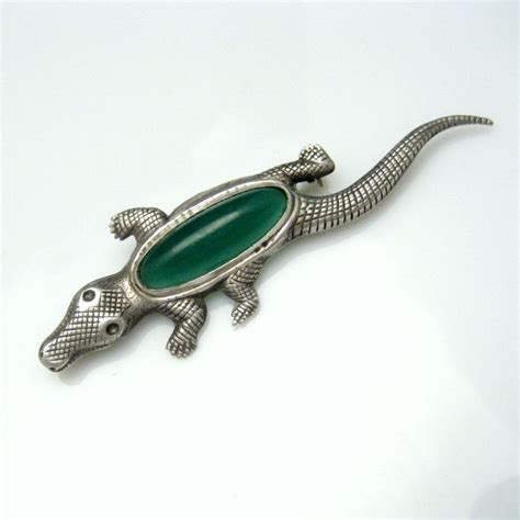 Sterling Silver Alligator Crocodile Brooch Pin Green Stone Vintage Figural Ebay