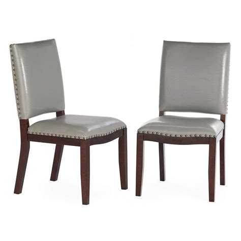 Gray Grey Bonded Leather Dining Chairs Set Of 2 Nailhead Accents