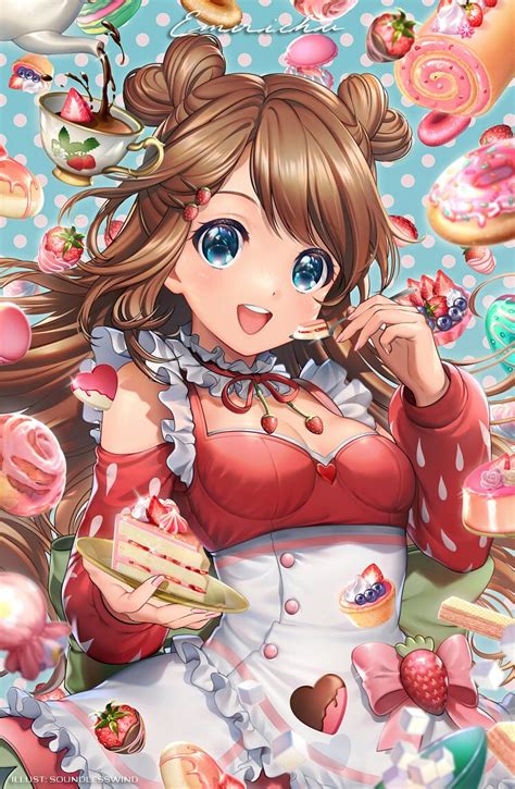 Soundlesswind Emirichu Character 1girl Apron Blue Eyes Blush Breasts Brown Hair Cake