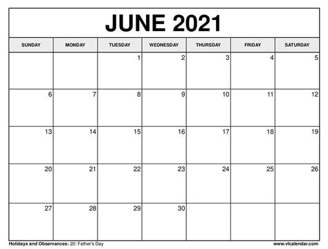 Printable Calendar June 2021 Printable Blank World