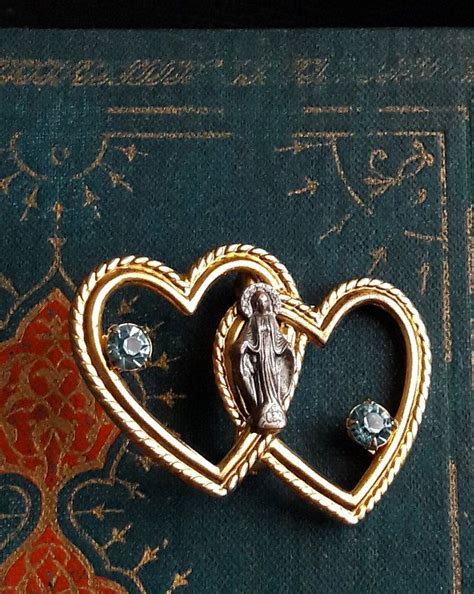 Virgin Mary Pin Double Heart Brooch Our Lady Of Grace Gold Heart Pin