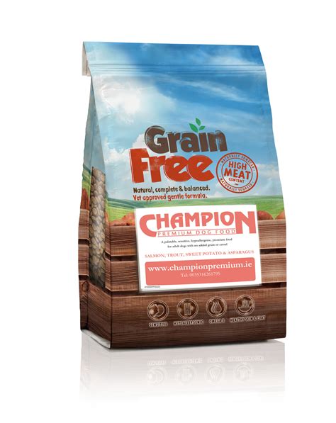 Same great formula in an amazing new look! CHAMPION GRAIN FREE SALMON TROUT SWEET POTATO AND ...