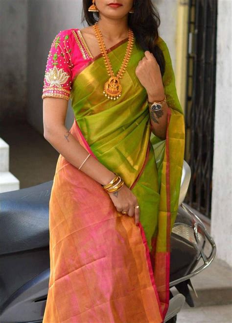 Uppada Tissue Saree In Green And Pink With Pink Blouse Piecehandwoven
