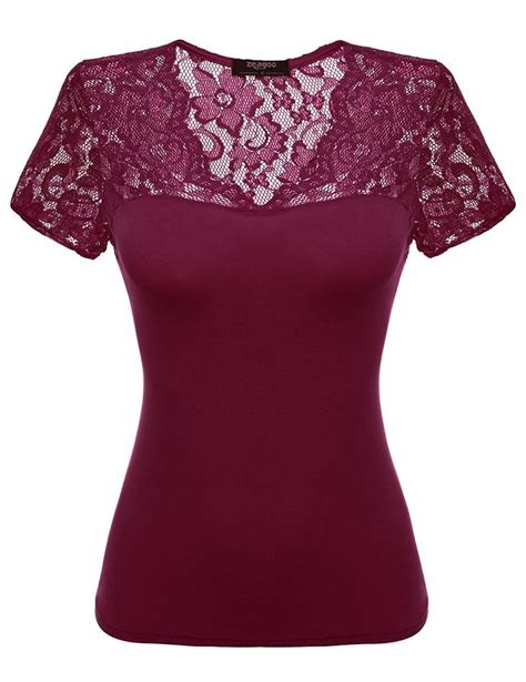 Zeagoo Womens Floral Lace Top Fitted Casual V Neck Short Sleeve Blouse