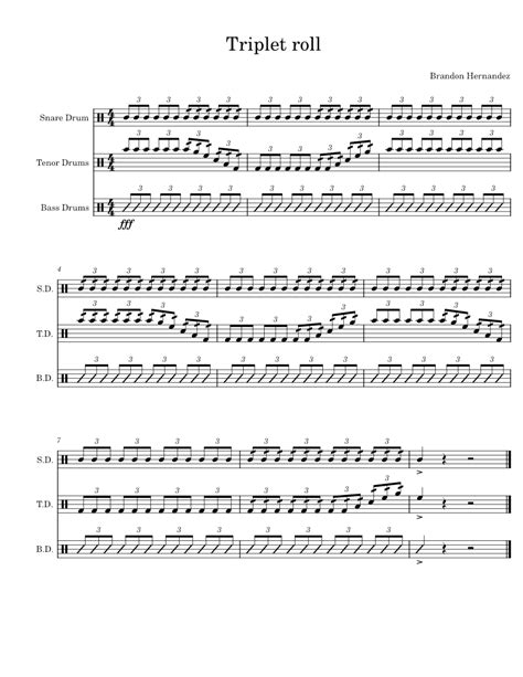 Triplet Roll Sheet Music For Snare Drum Tenor Drum Bass Drum