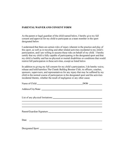 Parental Waiver And Consent Form Parental Waiver And Consent Form As