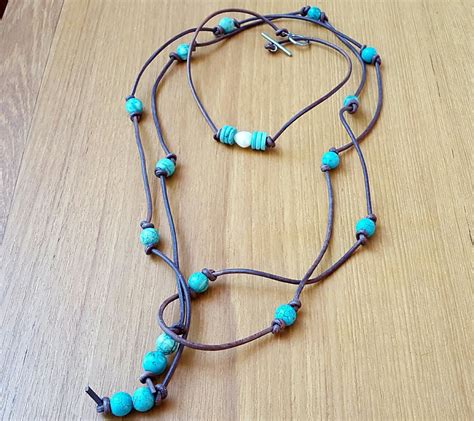 Turquoise Leather Necklace Beaded Lariat Necklace Leather Lariat