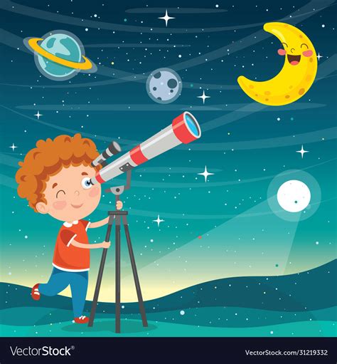 Kid Using Telescope For Astronomical Research Vector Image