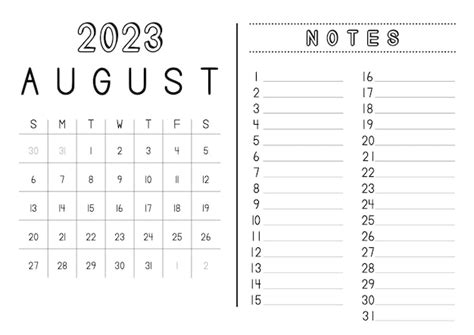 Calendario Mensual Agosto 2023 Vector Premium