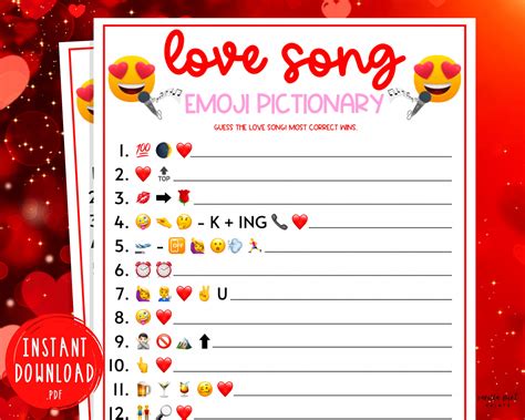 Valentines Day Love Song Emoji Pictionary Game Fun Etsy