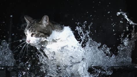 Slow Motion Frightened Cat Falls Into Bath Splashing Water And Leaping