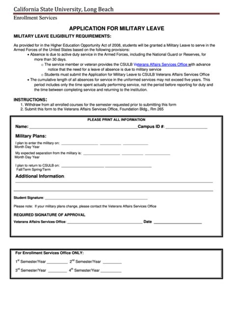 Fillable Application For Military Leave Form Printable Pdf Download