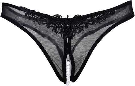 Buy Tinksky Women S Polyester Lace Mesh Pearl Open Crotch Underwear With G String Black Medium