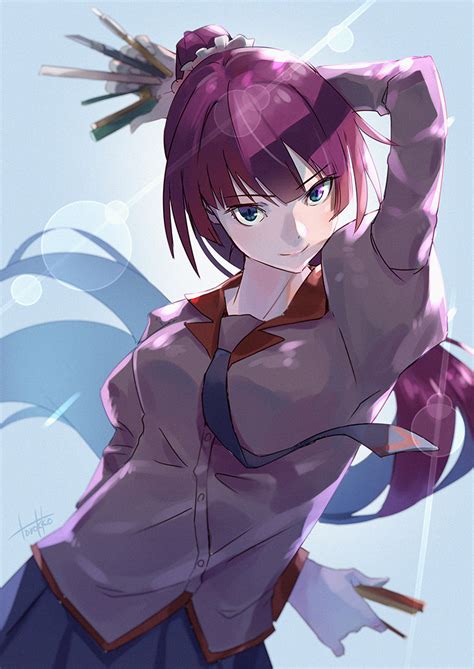 safebooru 1girl arm behind back arm behind head arm up bakemonogatari bangs blue background