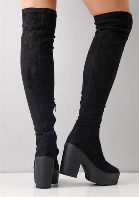 Knee High Platform Cleated Over The Knee Boots Black Lily Lulu