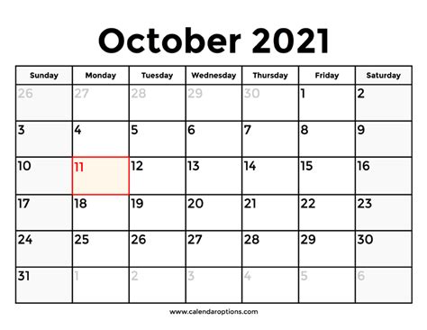 October 2021 Calendar With Holidays Calendar Options