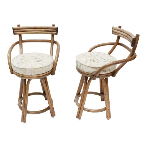 Mid Century Modern Rattan Bamboo Swivel Bar Stools Set Of 2 Chairish