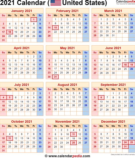 Printable 2021 Calendar With Holidays Usa