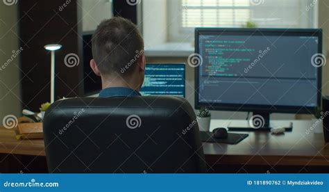 Man Coding Html And Programming On Two Screen Monitors Development Web