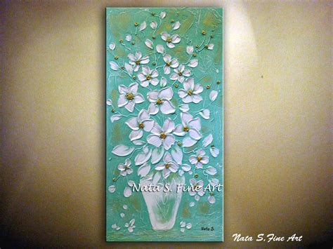 White Pearl And Gold Flowers Painting Abstract Heavy Textured Art