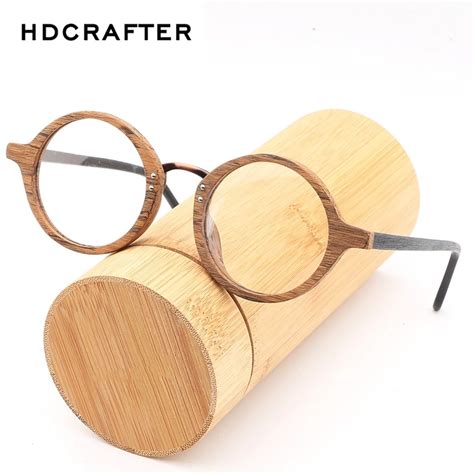 Hdcrafter Vintage Retro Round Glasses Frames Wood Prescription Myopia Eyeglasses With Clear Lens