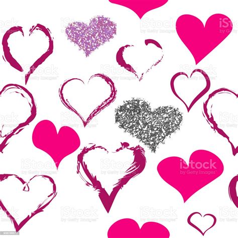Hand Pink Doodle Drawn And Silver Glitter Shine Hearts Seamless Pattern