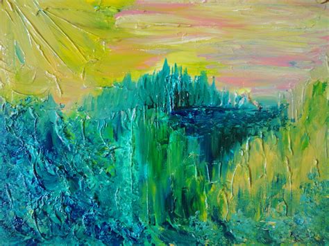 Dream Abstract Acrylic Painting Impasto Landscape 16 X 20 Green Forest