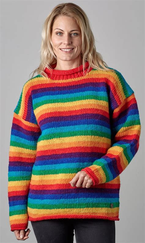 Pure Wool Hand Knit Jumper Stripe Rainbow Black Yak