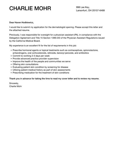 Dermatologist Cover Letter | Velvet Jobs