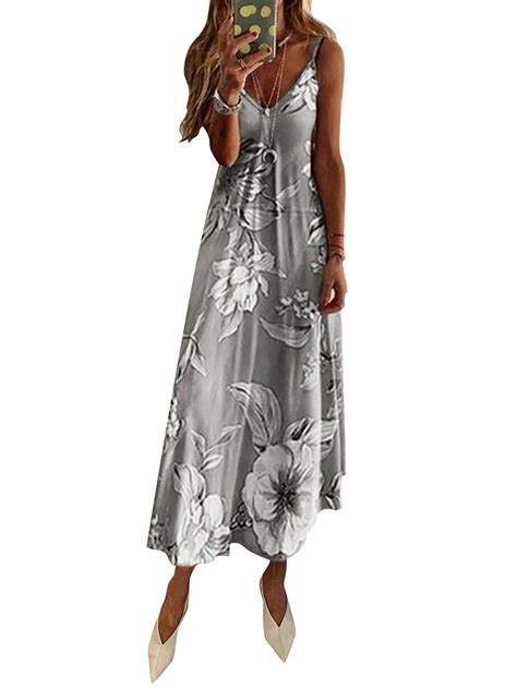 Julycc Women Summer Boho Beach V Neck Floral Print Sleeveless Long Dress