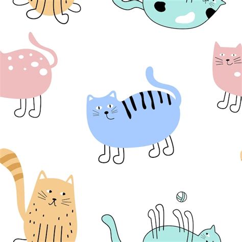 Premium Vector Seamless Pattern With Funny Hand Drawn Cats Isolated