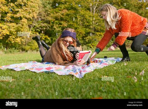 Junge Frau Von Hund Lecken Freund Beim Liegen Auf Der Picknickdecke Im