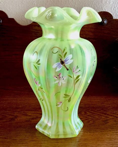Fenton Topaz Vaseline Hand Painted Pin Striped Vase With Dragonfly And Flowers Ebay Glass
