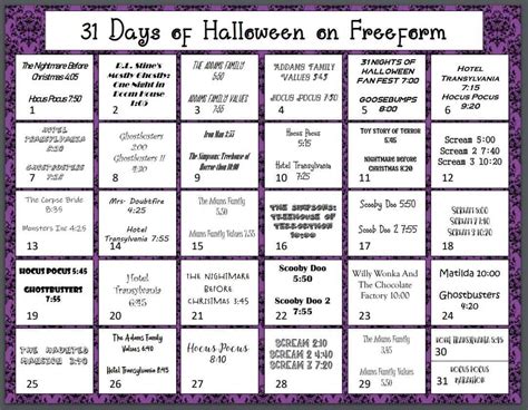 31 Days Of Halloween On Freeform Printable Calendar