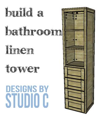 A curved built in linen cabinet is fitted with glass front cabinets flanked by white drawers adorned with polished nickel pulls and white overhead cabinets. DIY Furniture Plans to Build a Bathroom Linen Tower | Designs by Studio C | Easy to Build F ...