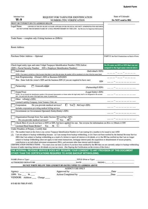 A tin may be assigned by the social security administration or by the internal revenue service (irs). Fillable State Of Colorado Substitute Form W-9 - Request ...