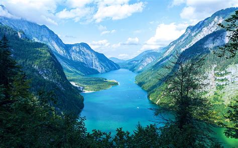 Lake Koenigssee Bavarian Alps Clouds Trees Sky Mountains Germany