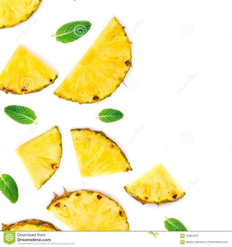 Sliced Pineapple Isolated Pineapple Pieces With Green Mint L Stock