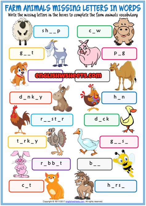 Farm Animals Missing Letters In Words Exercise Handout | Farm animals for kids, Farm animals ...