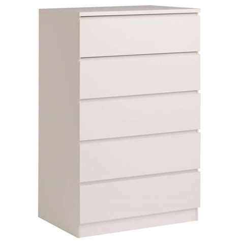 In the bedroom, a sort of elaborate chest of drawers (so in french); Commode haute design 5 tiroirs blanche Malone