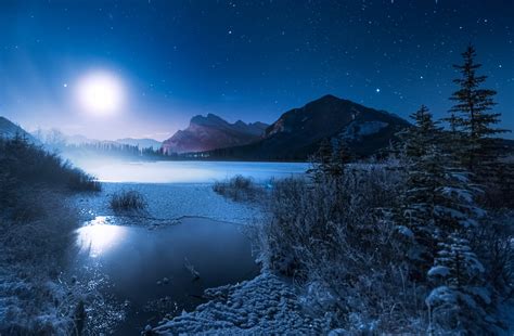 Moon Night Frost Mountains Sky Lake Coolwallpapersme