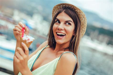 Woman Eating Ice Cream On Summer Vacation In Holiday Beach Sexiezpix