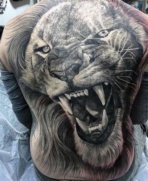 Giant 3d Realistic Super Detailed Roaring Lions Head Whole Back Tattoo